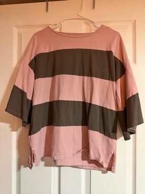easel Oversized Stripe Boxy Top in Pink and Brown
